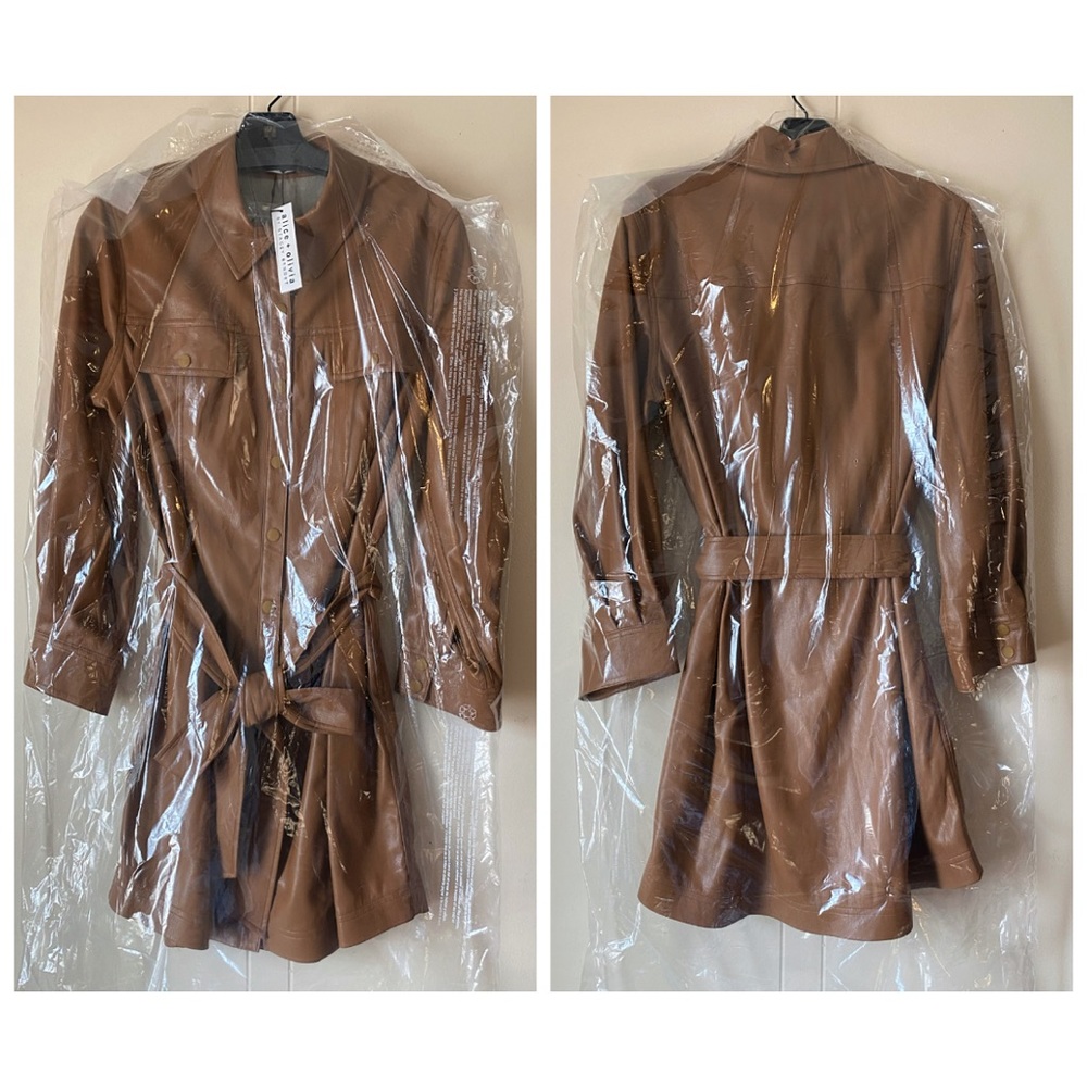 Alice + Olivia Miranda Vegan Leather Tie Waist Brown Mini Dress - Picture 7 of 16